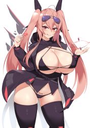 Rule 34 | 1girl, ahoge, barcode, bikini, black bikini, black bow, black jacket, black thighhighs, blush, borrowed character, bow, breasts, candy, cleavage, food, highres, huge breasts, jacket, kuavera, licking, licking lips, lollipop, long hair, looking at viewer, mole, mole on breast, mole under eye, original, pink hair, red eyes, sachi (kyle (kysizzle)), smile, solo, swimsuit, thighhighs, thighs, tongue, tongue out, twintails, white background