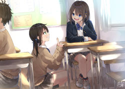 Rule 34 | 1boy, 2girls, :d, black socks, blazer, blue eyes, blue jacket, blue neckwear, blush, bow, bowtie, brown hair, brown sweater, chair, classroom, collared shirt, commentary request, curtains, day, desk, green eyes, grey skirt, grin, hair between eyes, hair ornament, hairclip, hand up, indoors, jacket, kneehighs, light particles, long hair, long sleeves, looking at another, miko fly, miniskirt, multiple girls, open clothes, open jacket, open mouth, original, plaid, plaid skirt, pleated skirt, profile, sanpaku, school chair, school desk, school uniform, shirt, shoes, short hair, sidelocks, signature, sitting, skirt, sleeves past wrists, smile, sneakers, socks, squatting, sunlight, sweater, teeth, twintails, white footwear, white shirt, white sweater, window, wing collar