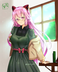 Rule 34 | 1girl, arm at side, artist name, assault lily, bespectacled, black shirt, blue sky, book, bow, breasts, brown jacket, closed mouth, collared shirt, commentary request, cowboy shot, day, dress, dress bow, endou araya, fingernails, gem, glasses, green-framed eyewear, green dress, green gemstone, green nails, hairpods, hand on table, highres, indoors, jacket, light smile, long hair, long sleeves, looking at viewer, medium breasts, nail polish, nanakusa yukiusagi, off shoulder, one eye closed, open clothes, open jacket, pink bow, pink eyes, pink hair, pleated dress, puffy sleeves, shirt, signature, sky, solo, standing, table, tree, twitter username, very long hair