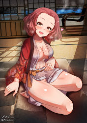 Rule 34 | 1girl, barefoot, blush, breasts, cleavage, collarbone, girls und panzer, highres, indoors, japanese clothes, kimono, large breasts, looking at viewer, megadeko, navel, no bra, no panties, onsen, open mouth, pussy, pussy peek, red hair, rosehip (girls und panzer), seiza, short hair, sitting, smile, solo, yellow eyes