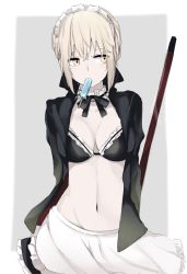 Rule 34 | 1girl, apron, arms behind back, artoria pendragon (all), artoria pendragon (alter swimsuit rider) (fate), artoria pendragon (alter swimsuit rider) (second ascension) (fate), artoria pendragon (fate), bikini, bikini under clothes, black jacket, blonde hair, breasts, cleavage, cowboy shot, detached collar, eating, fate/grand order, fate (series), food, highres, jacket, long sleeves, looking away, maa (roninnn), maid, maid bikini, maid headdress, medium breasts, mouth hold, navel, popsicle, ribbon-trimmed collar, ribbon trim, saber alter, short hair, solo, swimsuit, unconventional maid, yellow eyes