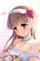 Rule 34 | 10s, 1girl, bare shoulders, blush, bouquet, breasts, bridal veil, bride, brown hair, cleavage, collarbone, flower, hair flower, hair ornament, highres, jewelry, kantai collection, long hair, looking at viewer, necklace, ooi (kancolle), petals, pink eyes, pink rose, red rose, rose, rose petals, smile, solo, soramuko, upper body, veil, white rose, yellow rose