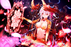 Rule 34 | crying, demon girl, demon horns, earrings, falling, fate/grand order, fate (series), flower, glowing, glowing petals, highres, horns, jewelry, kama (beast iii/l) (fate), kama (fate), looking down, lotus, oriuo q, petals, revision, sitting, solo, tears