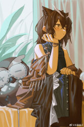 Rule 34 | 1girl, animal ears, arknights, bare shoulders, bird ears, black dress, bracelet, brown eyes, brown hair, brown jacket, buttons, character doll, chinese commentary, clenched hand, closed mouth, commentary request, dress, feet out of frame, hair between eyes, hand on own chin, highres, indoors, jacket, jacket partially removed, jewelry, lanzi (415460661), light blush, light frown, long dress, medium hair, on bed, plant, potted plant, rhine lab logo, ribbon-trimmed jacket, silence (arknights), silence the paradigmatic (arknights), silence the paradigmatic (habitat) (arknights), sitting, sleeveless, sleeveless dress, solo, stuffed animal, stuffed owl, stuffed toy, thinking, weibo watermark