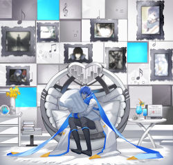Rule 34 | 1boy, absurdres, bad id, bad pixiv id, ball chair, beamed eighth notes, black footwear, blue eyes, blue hair, blue pants, blue scarf, book, book stack, boots, calendar (object), coat, colored skin, commentary, drinking straw, eighth note, flower, food, framed image, fruit, graphic equalizer, headset, heart, highres, holding, holding toy, ice cream bar, ice cream cone, kaito (vocaloid), kaito (vocaloid3), kazenemuri, knee boots, lemon, lemon slice, light smile, looking at viewer, male focus, musical note, hugging object, oversized food, oversized object, pants, photo (object), picture frame, quarter note, scarf, sitting, sixteenth note, solo, song request, stuffed toy, table, toy, treble clef, tropical drink, vase, vocaloid, waffle cone, white coat, white skin, wide shot, yellow flower