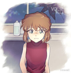 Rule 34 | 1girl, astrayin, bare arms, bare shoulders, blue eyes, blush, bottle, broken glass, broken window, brown hair, clenched teeth, glass, haibara ai, looking at viewer, meitantei conan, numbered, parted lips, red shirt, sad, shirt, short hair, sleeveless, sleeveless shirt, solo, tearing up, teeth, upper body, window
