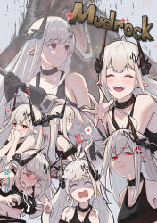 Rule 34 | 1girl, absurdres, anger vein, arknights, character name, collar, crop top, expressions, heart, heart-shaped pupils, highres, horns, mudrock (arknights), multiple views, open mouth, pointy ears, red eyes, renkon logistics, sneezing, snot, symbol-shaped pupils, white hair
