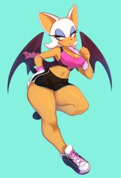 Rule 34 | 1girl, bare shoulders, bat wings, biotari, breasts, cleavage, eyeshadow, furry, furry female, gloves, green eyes, gym shorts, highres, large breasts, makeup, rouge the bat, sega, shorts, single glove, solo, sonic (series), tank top, tennis shoes, thick thighs, thighs, white gloves, white hair, wings
