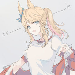 Rule 34 | 1girl, alternate hairstyle, animal ears, blonde hair, blue eyes, bow, breasts, ear bow, gold city (umamusume), grey background, horse ears, inutose, jacket, long hair, looking at viewer, open mouth, ponytail, red jacket, shirt, short sleeves, small breasts, smile, solo, track jacket, twitter username, umamusume, undressing, upper body, white shirt