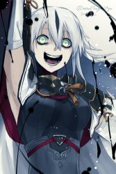 Rule 34 | 1girl, black blood, black hair, blood, breasts, colored blood, crazy eyes, crazy smile, dated, detached sleeves, fate/grand order, fate (series), graphite (medium), green eyes, hair between eyes, highres, long hair, medium breasts, multicolored hair, nagao kagetora (fate), smile, solo, traditional media, twitter username, two-tone hair, white hair