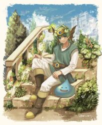 Rule 34 | 1boy, belt, blue eyes, blue sky, boots, brown belt, brown footwear, castle, closed mouth, day, dragon quest, dragon quest iv, earrings, flower, full body, green hair, green tunic, headpiece, hero (dq4), highres, jewelry, light smile, long sleeves, looking at viewer, macho ojiji, male focus, monster, outdoors, pants, plant, shirt, sitting, sitting on stairs, sky, slime (dragon quest), stairs, tree, twitter username, white pants, white shirt
