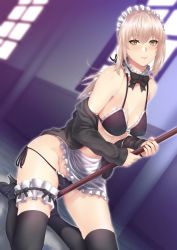 Rule 34 | 1girl, apron, artoria pendragon (alter swimsuit rider) (second ascension) (fate), black panties, black thighhighs, blush, breasts, brown eyes, fate/grand order, fate (series), high heels, jeanne d&#039;arc (fate), jeanne d&#039;arc alter (fate), kneeling, long hair, looking at viewer, maid, medium breasts, panties, shiny skin, shoes, side-tie panties, silver hair, smile, solo, thighhighs, underwear, zucchini