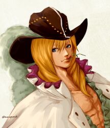 Rule 34 | 1boy, abs, artist name, black hat, blonde hair, blue eyes, cavendish, closed mouth, commentary request, cowboy hat, flower, flower in mouth, hat, hat feather, long hair, male focus, mouth hold, one piece, solo, torapunch, twitter username