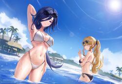 Rule 34 | 2girls, alternate costume, arm on thigh, arm under breasts, arm up, armpits, ass, back, bare shoulders, beach, bikini, black bikini, blonde hair, blue eyes, butt crack, clorinde (genshin impact), closed mouth, commentary, english commentary, eyes visible through hair, eyewear on head, genshin impact, hair over one eye, highres, long hair, looking at viewer, minz (minh nguyen), mixed-language commentary, multiple girls, navel, navia (genshin impact), paid reward available, ponytail, purple eyes, purple hair, side-tie bikini bottom, smile, standing, stomach, sunglasses, swimsuit, v, wading, wet, white bikini
