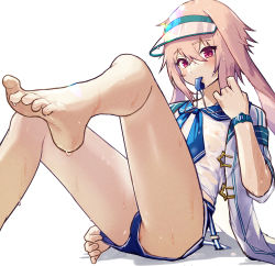 Rule 34 | 1boy, animal ears, ansel (arknights), ansel (casual vacation) (arknights), arknights, barefoot, blue shorts, feet, foot focus, foreshortening, hair between eyes, jacket, looking at viewer, medium hair, nipples, official alternate costume, pink eyes, pink hair, rabbit boy, rabbit ears, sailor collar, shirt, short sleeves, shorts, simple background, solo, summer uniform, toes, watch, wet, wet clothes, wet hair, wet shirt, whistle, whistle around neck, white background, white jacket, wristwatch, yoruhachi