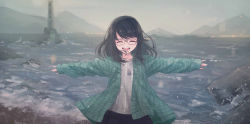 Rule 34 | 1girl, black-framed eyewear, black hair, braces, closed eyes, cloud, cloudy sky, daikazoku63, facing viewer, glasses, highres, jewelry, lighthouse, long hair, long sleeves, necklace, original, outdoors, outstretched arms, sky, sleeves past wrists, solo, swept bangs