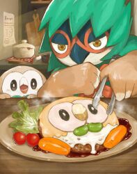 Rule 34 | :o, animal, animal-themed food, animal focus, beak, bird, bird wings, bow, bowtie, bright pupils, brown feathers, carrot, cherry tomato, closed mouth, cooking, cooking pot, creatures (company), cutting board, decidueye, english text, feather hair, feathered wings, feathers, food, food focus, frying pan, game freak, gen 7 pokemon, green bow, green bowtie, green eyes, green feathers, hamburger steak, highres, hiyoko kurabu, indoors, kitchen, lettuce, looking at food, nintendo, no humans, open mouth, owl, paper, plate, plume, pokemon, pokemon (creature), recipe (object), rowlet, sauce, standing, steam, table, tomato, tongs, vegetable, wash cloth, white feathers, white pupils, winged arms, wings, wooden table