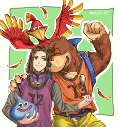 Rule 34 | 1girl, 2boys, banjo-kazooie, banjo (banjo-kazooie), bear, belt, bird, brown hair, dragon quest, dragon quest xi, closed eyes, feathers, green background, green eyes, hair intakes, hero (dq11), highres, jersey, kamekomaru, kazooie (banjo-kazooie), layered clothes, looking at another, multiple boys, necklace, nintendo, orange shirt, outline, purple shirt, shirt, shorts, simple background, sleeveless, sleeveless shirt, slime (dragon quest), super smash bros., tooth necklace, white outline, yellow shorts