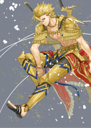 Rule 34 | 1boy, armor, bare pectorals, black pants, blonde hair, bracelet, earrings, fate/prototype, fate (series), fringe trim, full body, gilgamesh (fate), gilgamesh (fate/prototype), gold armor, grey background, highres, jewelry, looking at viewer, male focus, necklace, none (kameko227), pants, pectorals, profile, red eyes, sandals, smile, solo, spiked hair