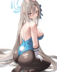 Rule 34 | 1girl, absurdres, animal ears, ass, asuna (blue archive), asuna (bunny) (blue archive), black pantyhose, blue archive, blue eyes, blue leotard, breasts, elbow gloves, eyes visible through hair, fake animal ears, fake tail, gloves, grey hair, grin, halo, highres, large breasts, leotard, looking at viewer, pantyhose, playboy bunny, rabbit ears, rabbit tail, redshark (t373412), seductive smile, smile, tail, thighs, torn clothes, torn legwear, white gloves