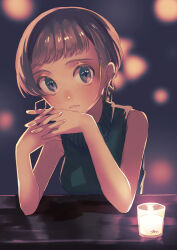 Rule 34 | 1girl, anyway osushi, bar (place), blurry, blurry background, breasts, brown hair, candle, earrings, elbows on table, frown, highres, interlocked fingers, jewelry, looking at viewer, medium breasts, original, shirt, short hair, sleeveless, sleeveless shirt, sweater, turtleneck, turtleneck sweater, upper body