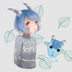 Rule 34 | 1boy, absurdres, animal crossing, animal ears, artist name, blue hair, furry, furry male, goat, goat ears, goat horns, grey background, highres, horns, leaf, male focus, nintendo, open mouth, personification, purple eyes, rol (wengmengdi), sherb (animal crossing), solo, trap