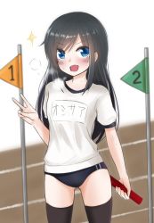 Rule 34 | 1girl, asashio (kancolle), blue eyes, blush, breath, buruma, commentary request, flag, gym uniform, heavy breathing, kantai collection, looking at viewer, name tag, relay baton, relay race, running track, sasakura (calicchio), solo, sparkle, sports festival, thighhighs, v, v-shaped eyebrows