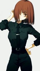Rule 34 | 1girl, absurdres, belt, black pants, black skirt, bob cut, breasts, brown eyes, brown hair, closed mouth, collared shirt, cowboy shot, hair over one eye, hand on own hip, highres, light smile, looking to the side, medium breasts, mole, mole under mouth, original, pants, shirt, short hair, simple background, skirt, sleeves rolled up, smile, solo, urkt 10, white background