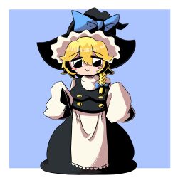 Rule 34 | 1girl, absurdres, apron, black eyes, black hat, black skirt, black vest, blonde hair, blue background, blue bow, blush stickers, bow, braid, breasts, buttons, c:, closed mouth, commentary request, cookie (touhou), full body, hair between eyes, hair bow, hat, hat bow, highres, kirisame marisa, large breasts, long skirt, looking at viewer, medium bangs, shirt, short hair, side braid, simple background, single braid, skirt, skirt set, sleeves past fingers, sleeves past wrists, smile, solo, standing, sznkrs, touhou, two-tone background, vest, waist apron, white apron, white background, white shirt, witch hat, yuuhi (cookie)