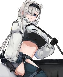 Rule 34 | 1girl, :o, animal ears, arknights, aurora (arknights), bag, bear ears, belt, belt pouch, black gloves, black hairband, blue eyes, breasts, cowboy shot, crop top, crop top overhang, extra ears, eyes visible through hair, gloves, grey hair, grey shorts, hair ornament, hair over one eye, hairband, hairclip, highres, large breasts, long hair, long sleeves, looking at viewer, navel, parted lips, pouch, puffy long sleeves, puffy sleeves, short shorts, shorts, shoulder bag, simple background, sitting, solo, sports bra, unknownnoname0, very long hair, white background
