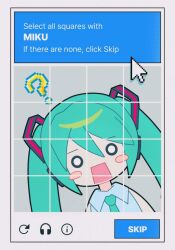 Rule 34 | 1girl, ?, aqua hair, aqua necktie, blush stickers, captcha, commentary, cursor, english commentary, english text, hachune miku, hair between eyes, hatsune miku, highres, long hair, looking at viewer, morizo (morizoshop), necktie, o o, open mouth, solo, twintails, vocaloid