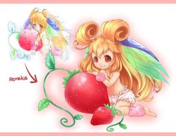 Rule 34 | 1girl, barefoot, breath of fire, breath of fire iii, commentary request, fairy, fairy (breath of fire), food, fruit, long hair, navel, nude, smile, strawberry, togeshiro azami, wings