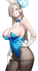 Rule 34 | 1girl, absurdres, animal ears, asuna (blue archive), asuna (bunny) (blue archive), asymmetrical bangs, bare shoulders, black pantyhose, blue archive, blue bow, blue bowtie, blue eyes, blue leotard, blue ribbon, bow, bowtie, breasts, covered navel, detached collar, elbow gloves, eyes visible through hair, fake animal ears, fake tail, gloves, grin, hair over one eye, hair ribbon, halo, hand on own hip, hand on own thigh, highleg, highleg leotard, highres, large breasts, leotard, light brown hair, long bangs, long hair, looking at viewer, mole, mole on breast, official alternate costume, pantyhose, playboy bunny, rabbit ears, rabbit tail, ribbon, smile, solo, strapless, strapless leotard, tail, thighband pantyhose, white background, white gloves, yoshio (55level)