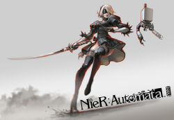 Rule 34 | 1girl, 2b (nier:automata), black dress, black footwear, black gloves, black hairband, black thighhighs, blindfold, boots, breasts, cho yonghee, cleavage, cleavage cutout, clothing cutout, covered eyes, dress, drone, fishnet thighhighs, fishnets, floating, full body, gloves, hair over one eye, hairband, high heel boots, high heels, holding, holding sword, holding weapon, juliet sleeves, katana, leg up, legs apart, leotard, long sleeves, machinery, midair, mole, mole under mouth, nier:automata, nier (series), nose, parted lips, pod (nier:automata), puffy sleeves, red lips, ribbed dress, robot, short dress, short hair, side slit, silver hair, small breasts, solo, standing, standing on one leg, sword, thigh boots, thighhighs, vambraces, weapon, white leotard