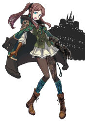 Rule 34 | 1girl, asymmetric gloves, asymmetrical gloves, asymmetrical legwear, boots, brown hair, buttons, cross-laced footwear, drag-on dragoon, drag-on dragoon 3, earrings, facial mark, forehead mark, four (drag-on dragoon), gauntlets, gloves, green eyes, highres, jacket, jacket on shoulders, jewelry, long hair, open mouth, pantyhose, revo (artist), side ponytail, skirt, socks over pantyhose, solo, uneven gloves, uneven legwear