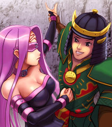 Rule 34 | 1boy, 1girl, bare shoulders, blindfold, breasts, choker, cleavage, elbow gloves, fate/stay night, fate (series), gloves, highres, hybridmink, king gesar, long hair, medusa (fate), medusa (rider) (fate), purple hair