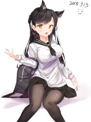 Rule 34 | 1girl, absurdres, animal ears, atago (azur lane), atago (school traumerei) (azur lane), azur lane, bag, black bag, black hair, black pantyhose, black skirt, blush, breasts, cat ears, dated, extra ears, green eyes, highres, kuse (0201), large breasts, long hair, long sleeves, looking at viewer, mole, mole under eye, pantyhose, pleated skirt, ribbon, shirt, simple background, skirt, solo, swept bangs, white background, white shirt