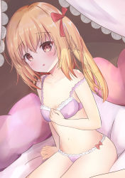 Rule 34 | 1girl, :o, bare shoulders, bed, blonde hair, blush, breasts, brown eyes, cleavage, collarbone, flandre scarlet, hair between eyes, hand on own chest, hand up, highres, kirikaze ren, looking at viewer, medium hair, navel, no headwear, no wings, on bed, parted lips, pillow, side ponytail, sitting, small breasts, solo, stomach, touhou, underwear, underwear only, yokozuwari