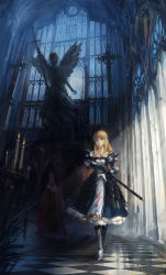 Rule 34 | 1girl, armor, blonde hair, blue eyes, breasts, checkered floor, church, dress, floor, gauntlets, greaves, hair ribbon, hjl, knight, light rays, long hair, medium breasts, pauldrons, pixiv fantasia, pixiv fantasia wizard and knight, ribbon, scenery, shoulder armor, statue, strapless, strapless dress, sunbeam, sunlight, sword, weapon