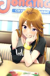 Rule 34 | 1girl, ahoge, armpit crease, bangle, black shirt, blue eyes, booth seating, bracelet, breasts, brown hair, denchuubou, grin, hair between eyes, hand on own chin, head rest, highres, idolmaster, idolmaster million live!, jewelry, jonathan&#039;s, long hair, looking at viewer, necklace, off shoulder, restaurant, shirt, short sleeves, sitting, smile, solo, swept bangs, tokoro megumi