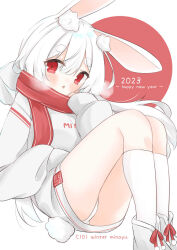 Rule 34 | 1girl, 2023, animal ear fluff, animal ears, breath, commentary request, hair between eyes, hand up, happy new year, highres, kneehighs, knees up, long hair, long sleeves, looking at viewer, minato yu (0514), new year, original, panties, parted lips, puffy long sleeves, puffy sleeves, rabbit ears, rabbit girl, rabbit tail, red background, red eyes, shirt, shoes, short eyebrows, sleeves past wrists, socks, solo, tail, thick eyebrows, two-tone background, underwear, white background, white footwear, white hair, white panties, white shirt, white socks