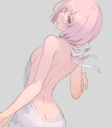 Rule 34 | 1girl, alternate costume, arched back, ass, back, back focus, backless outfit, bare arms, bare back, bare shoulders, blush, breasts, butt crack, cowboy shot, fate/grand order, fate (series), from behind, glasses, grey background, grey sweater, kawaguchi (mojacome), looking at viewer, mash kyrielight, medium breasts, meme attire, naked sweater, parted lips, pink hair, profile, purple eyes, rimless eyewear, short hair, sideboob, simple background, sleeveless, sleeveless turtleneck, solo, sweatdrop, sweater, turtleneck, turtleneck sweater, virgin killer sweater