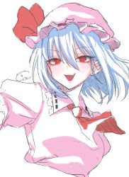 Rule 34 | 0002koko, 1girl, ascot, blue hair, hat, highres, mob cap, open mouth, pink hat, puffy short sleeves, puffy sleeves, red ascot, remilia scarlet, short hair, short sleeves, smile, solo, touhou, upper body, white background