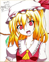 Rule 34 | 1girl, ascot, bad id, bad pixiv id, blonde hair, female focus, flandre scarlet, fuyuno taka, looking at viewer, open mouth, red eyes, shikishi, simple background, smile, solo, touhou, traditional media, wings