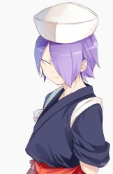 Rule 34 | 1boy, angry, artist name, black eyes, boku no hero academia, chef, chef hat, chikuwa savy, closed mouth, commentary request, hair over one eye, hat, highres, japanese clothes, looking at viewer, male focus, pillbox hat, purple eyes, purple hair, sash, shishikura seiji, short hair, short sleeves, simple background, solo, upper body