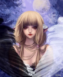 Rule 34 | 00s, 1girl, artist name, bare shoulders, blonde hair, blue background, blunt bangs, brown eyes, chii, chobits, face, feathered wings, full moon, hair tubes, light smile, lips, long hair, moon, rikamello, robot ears, signature, solo, wings