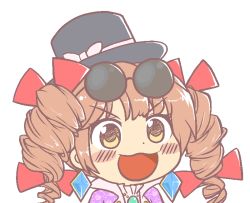 Rule 34 | 1girl, black hat, blush, bow, brown hair, commentary, dot nose, drill hair, earrings, eyewear on head, gem, gyate gyate, hair bow, hat, hat bow, hat ribbon, ikiyouz, jewelry, multiple hair bows, necklace, open mouth, portrait, red bow, ribbon, solo, sunglasses, top hat, touhou, transparent background, twin drills, v-shaped eyebrows, white background, white bow, white ribbon, yellow eyes, yorigami jo&#039;on