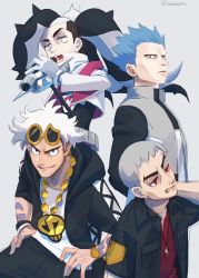 Rule 34 | 4boys, arm tattoo, black hair, black jacket, black pants, blue hair, closed mouth, commentary request, creatures (company), cropped jacket, cyrus (pokemon), eyeshadow, eyewear on head, game freak, green eyes, grey eyeshadow, grey hair, grey vest, guzma (pokemon), gym leader, hand up, hands on own hips, holding, holding microphone, hood, hooded jacket, island kahuna, jacket, jewelry, long hair, makeup, male focus, microphone, multicolored hair, multiple boys, music, nanu (pokemon), necklace, nintendo, ohhhhhhtsu, open clothes, open jacket, open mouth, pants, parted lips, piers (pokemon), pokemon, pokemon dppt, pokemon sm, pokemon swsh, red eyes, red shirt, shirt, short sleeves, singing, smile, spiked hair, sunglasses, tattoo, team galactic, team skull, teeth, tongue, two-tone hair, undercut, vest, white hair, white jacket, white shirt, yellow-framed eyewear