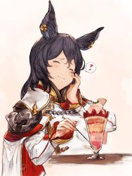 Rule 34 | 1girl, black hair, cape, colorized, earrings, erune, closed eyes, food, fruit, granblue fantasy, hair between eyes, hand on own cheek, hand on own face, heart, highres, ice cream, ilsa34660285, jewelry, long hair, signature, simple background, smile, solo, spoon, strawberry, sundae, table, yashigaras