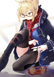 Rule 34 | 1girl, ahoge, artoria pendragon (fate), belt boots, black thighhighs, blonde hair, boots, buckle, coat, cookie, eating, fate/grand order, fate (series), food, glasses, hair between eyes, highres, looking down, macciatto (aciel02), multicolored clothes, mysterious heroine x alter (fate), mysterious heroine x alter (first ascension) (fate), scarf, short hair, sitting, solo, thighhighs, white background, yellow eyes